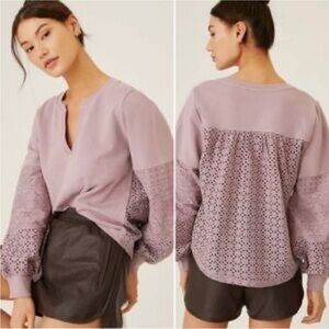 Anthropologie Lavender Purple Eyelet Pullover Sweater Top Size XL